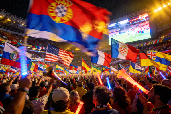世界杯球迷看台上人山人海、旗帜飘扬的壮观景象