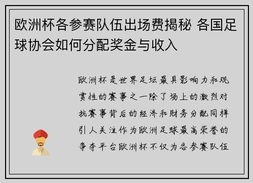 欧洲杯各参赛队伍出场费揭秘 各国足球协会如何分配奖金与收入